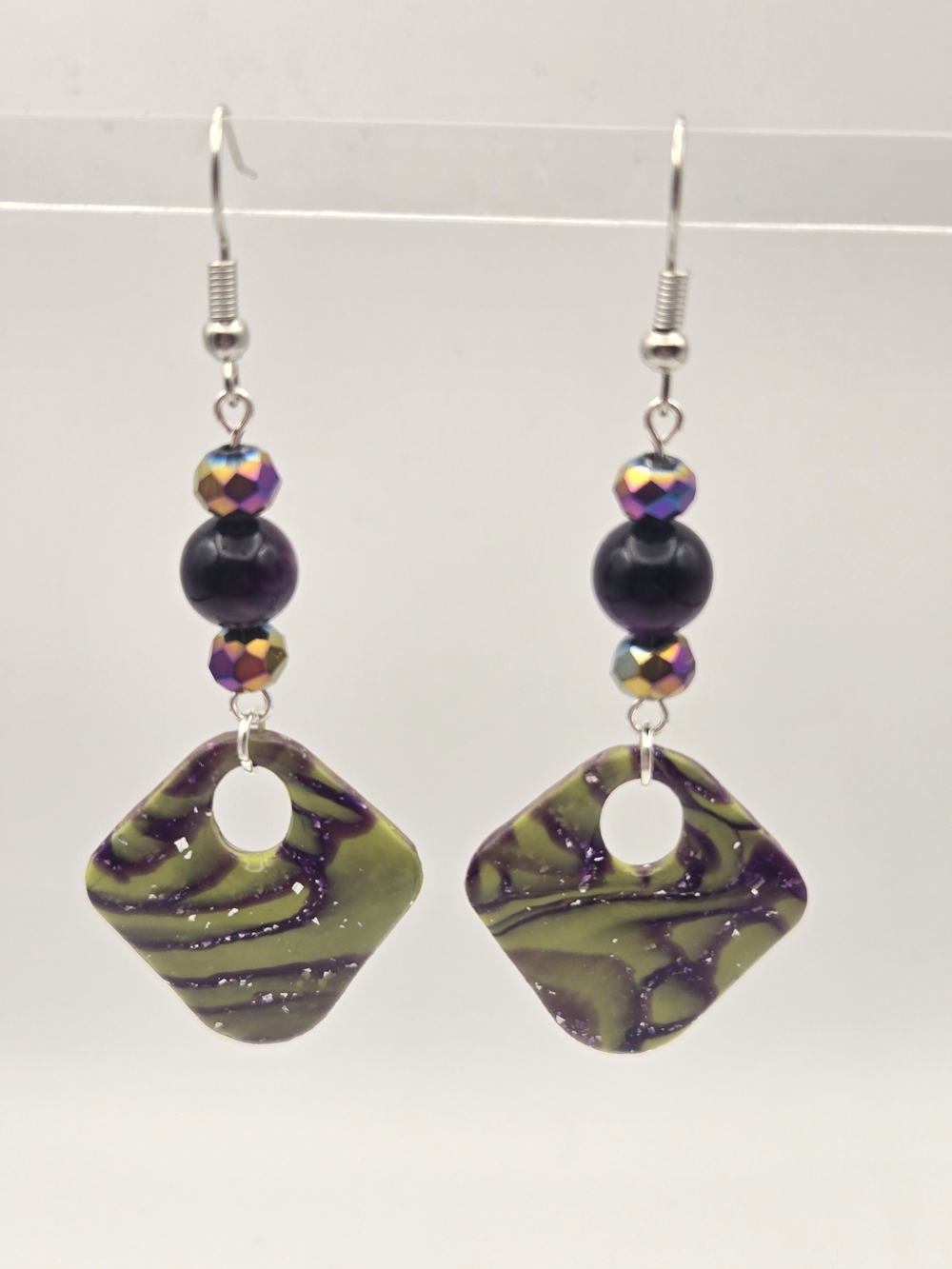 #B502- Green and Deep Purple Drop Earrings with Purple Tigers Eye Accents